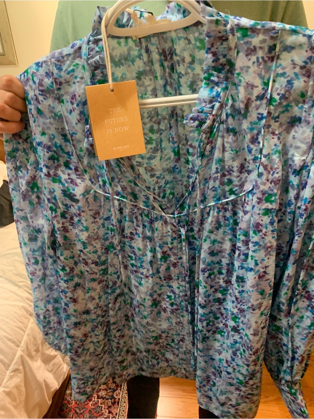 SUNCOO Blue, Green & Purple Floral Button-Down Women's Top